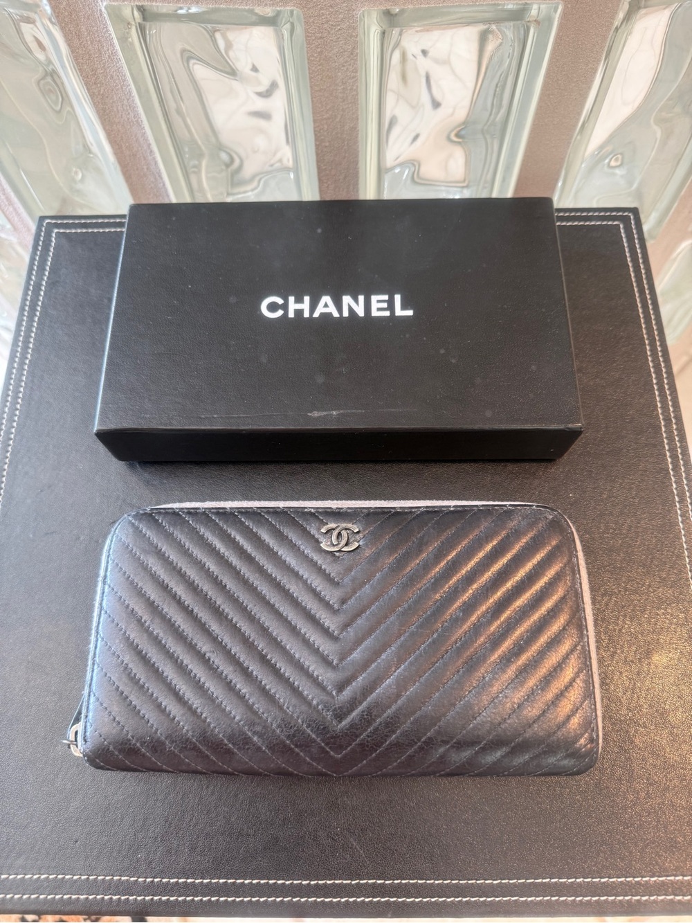 CHANEL Black Chevron Zip-Around Leather Lambskin Long Wallet with Silver CC Logo